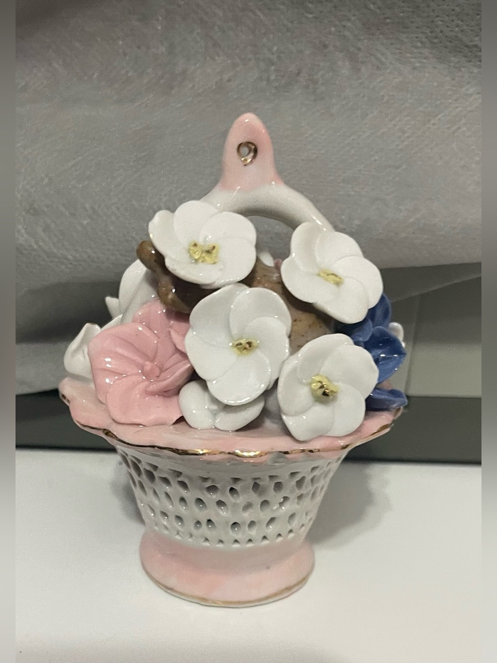 Porcelain Pink Floral Basket Figurine - Decorative Home Accent